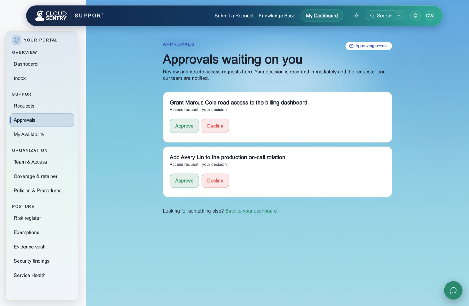 The approvals view in the Cloud Sentry portal, with access requests awaiting a decision