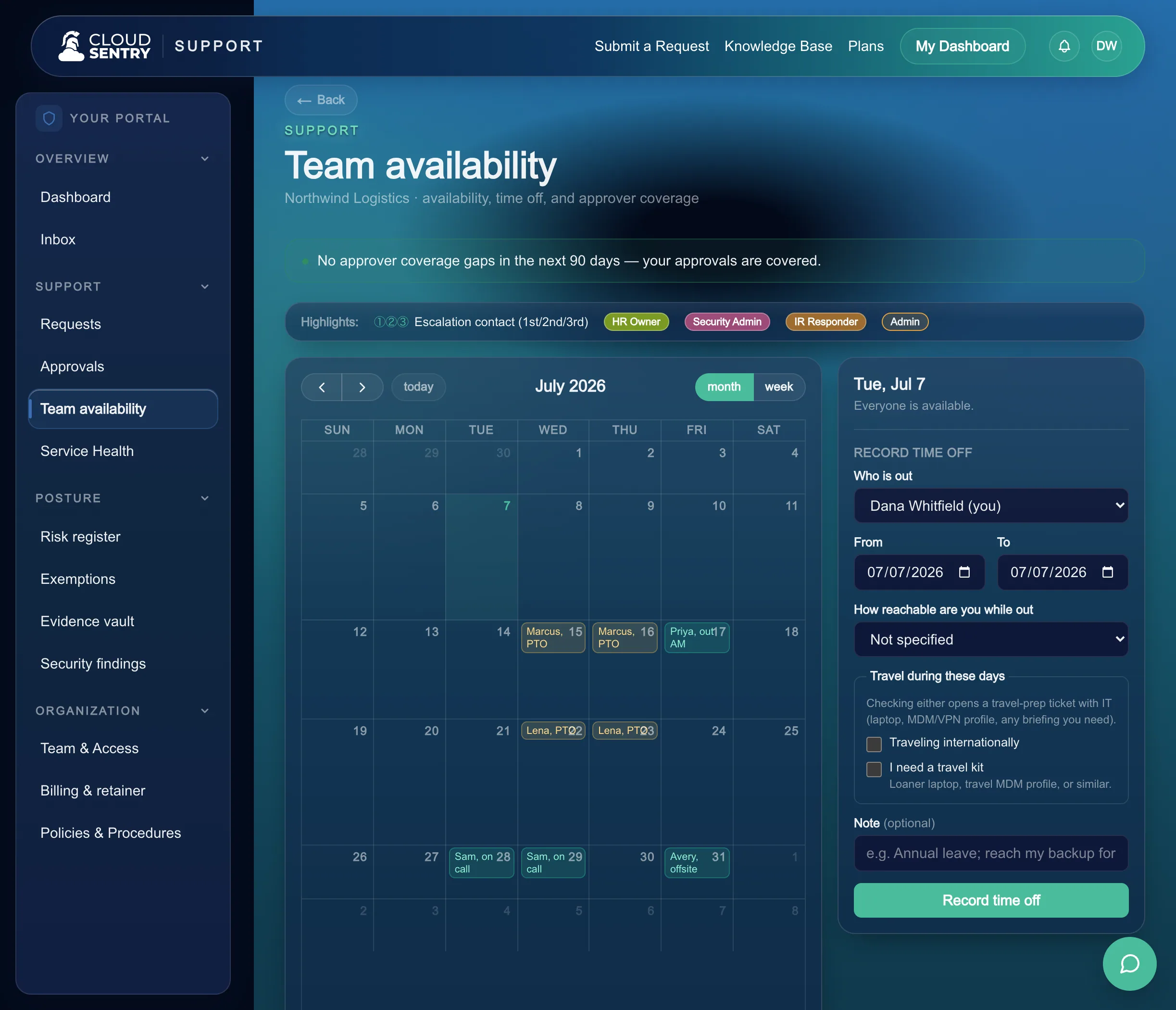 The availability view in the Cloud Sentry portal, where a member marks themselves away so requests route around them