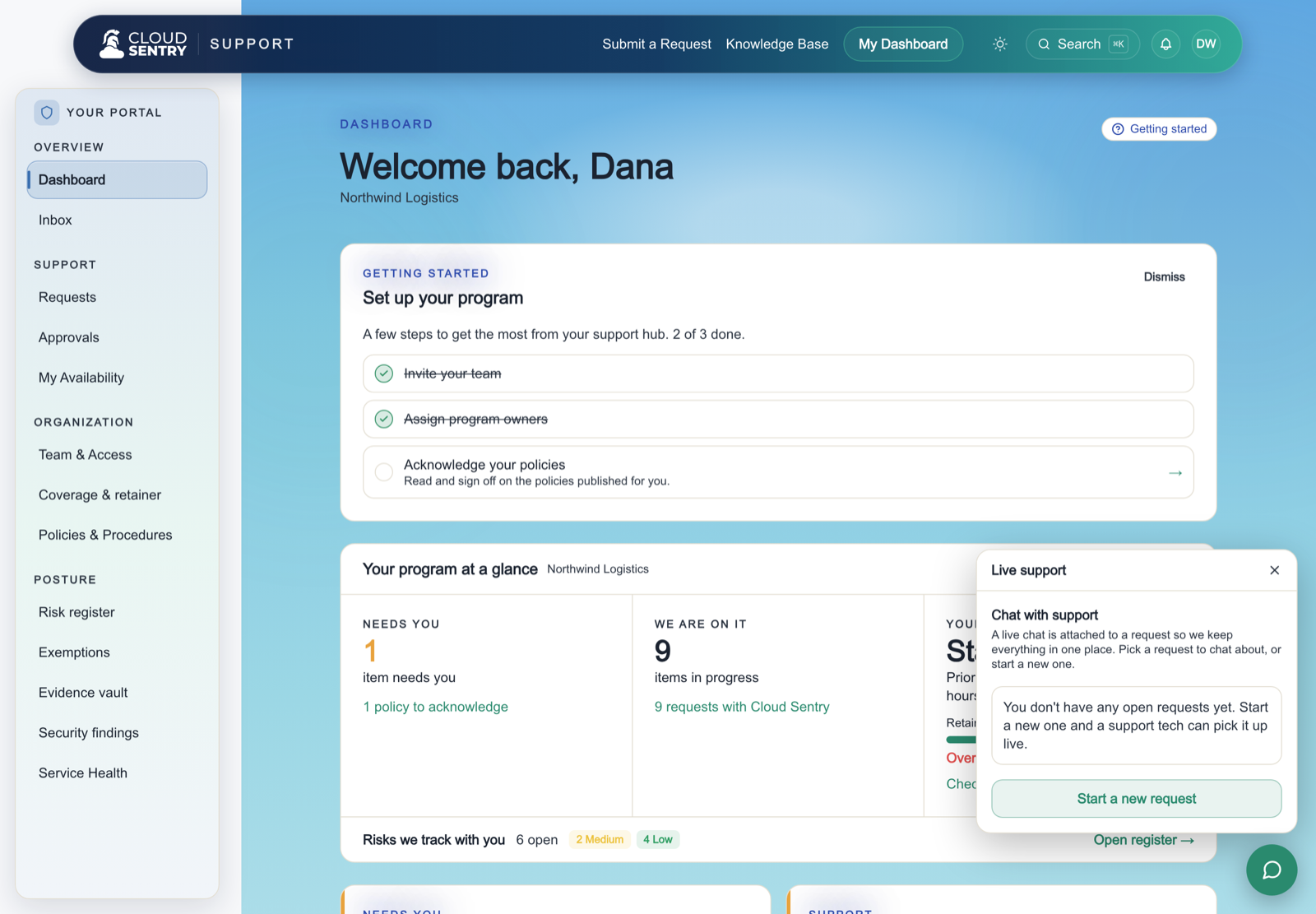The Cloud Sentry portal dashboard: your program at a glance, with a human one click away