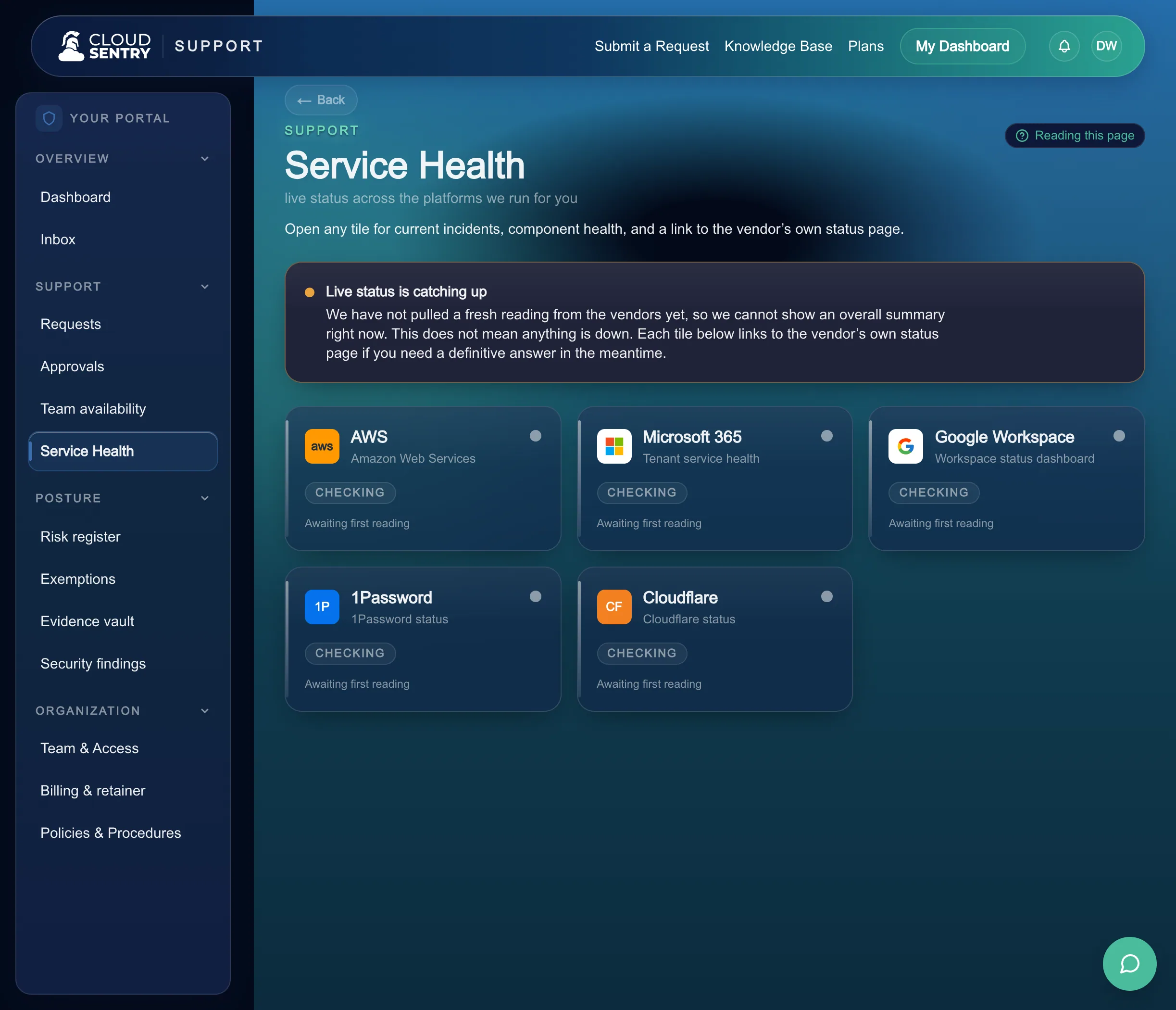 The service-health and incident view in the Cloud Sentry portal, showing the live state of what we run