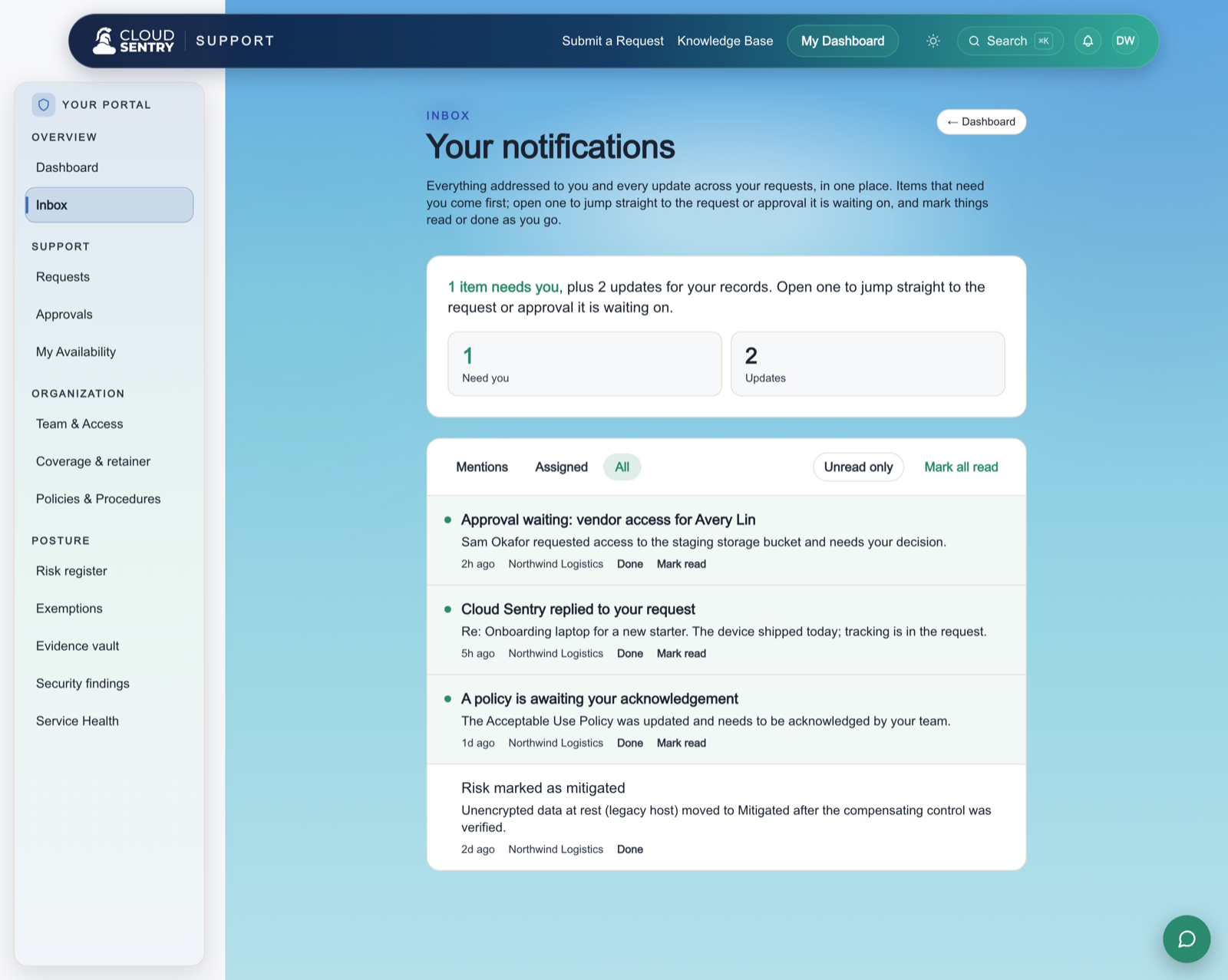 The notifications inbox in the Cloud Sentry portal, showing what needs you and recent updates
