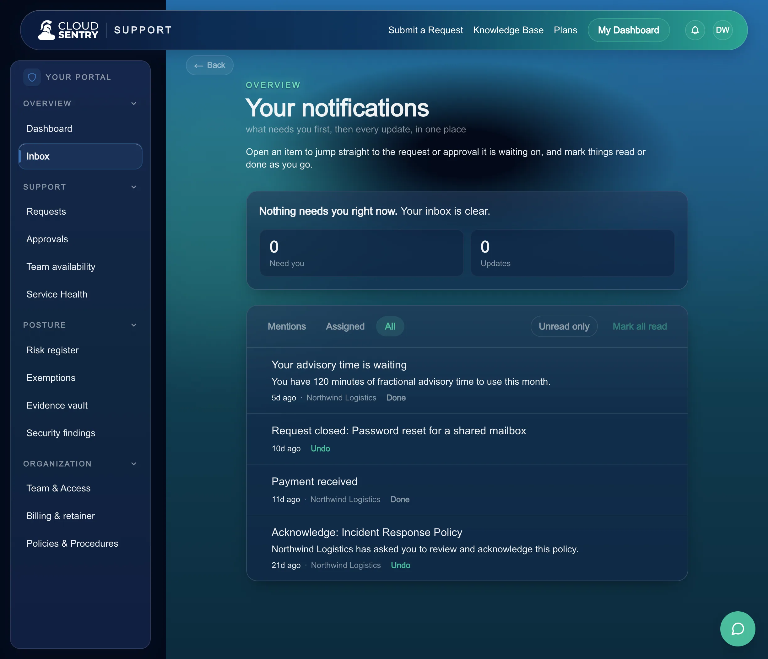 The notifications inbox in the Cloud Sentry portal, showing what needs you and recent updates