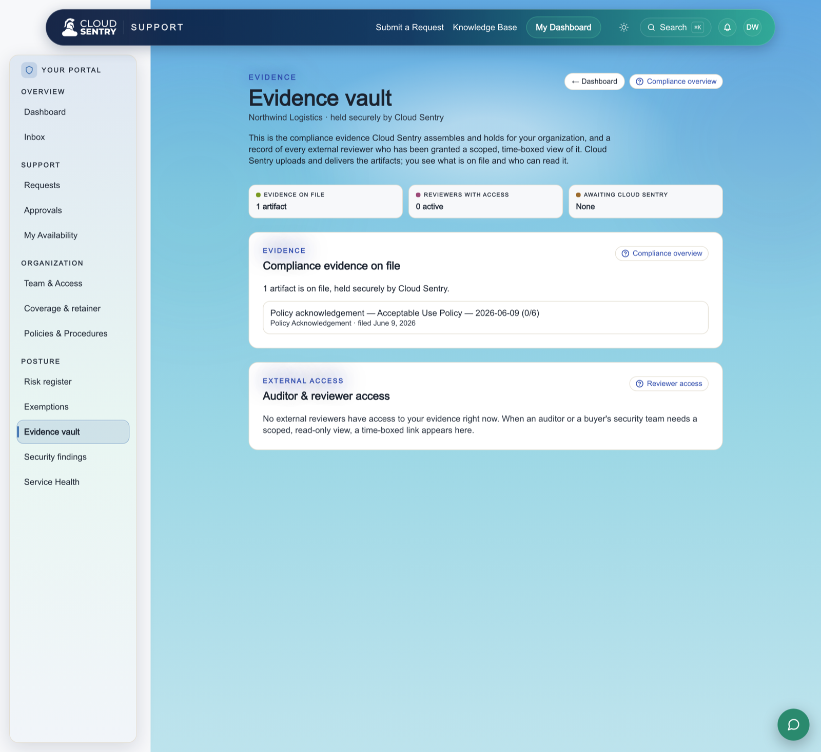 The Evidence Vault in the Cloud Sentry portal, holding compliance evidence for scoped sharing